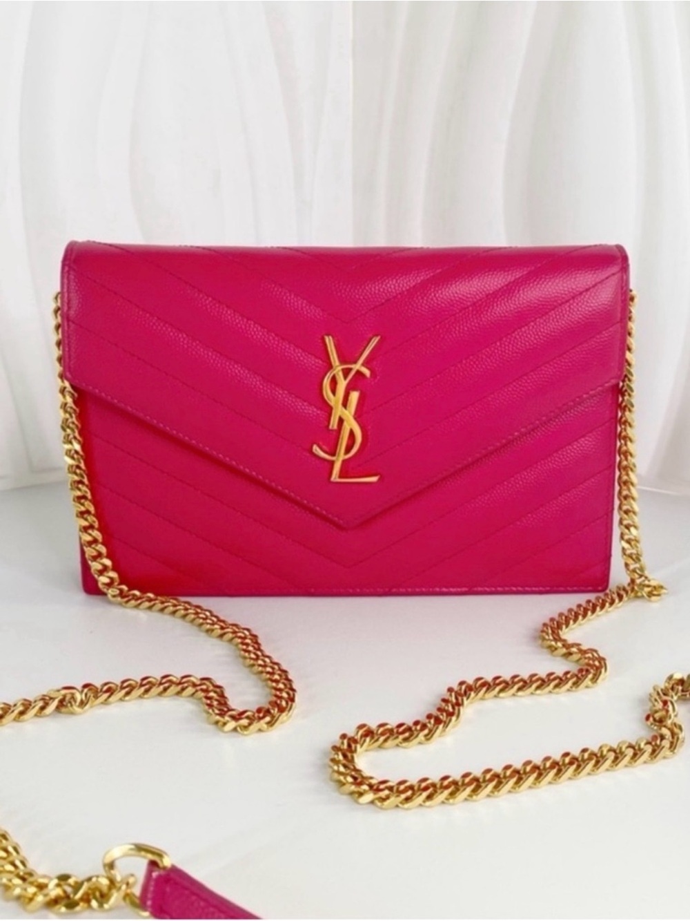 Authentic YSL Pink Quilted Leather Wallet On Chain